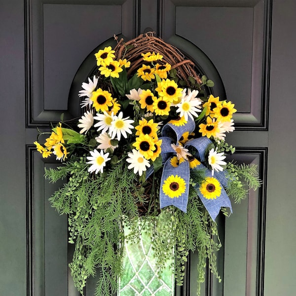Sunflowers and Daisies Grapevine Basket for Your Front Door