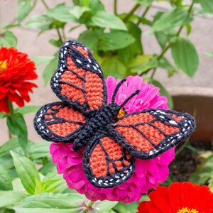 May include: A crocheted butterfly with black and orange wings is perched on a pink flower. The butterfly is a popular craft project and a symbol of nature.
