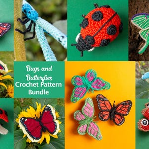 Könnte beinhalten: Ein Häkelmuster-Paket mit verschiedenen Käfern und Schmetterlingen, darunter ein Marienkäfer, eine Libelle, ein Schmetterling und ein Nachtfalter. Die Muster sind zum Download verfügbar und enthalten Anleitungen zum Häkeln jedes Designs.