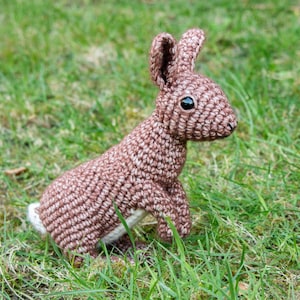 May include: A brown crocheted rabbit toy with white accents sitting on a bed of green grass.