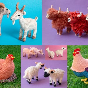 May include: A selection of handmade crochet farm animals, including goats, Highland cows, pigs, sheep, and a rooster. The animals are in various colours and sizes, set against blue, purple, and green backgrounds. The rooster is on green grass.