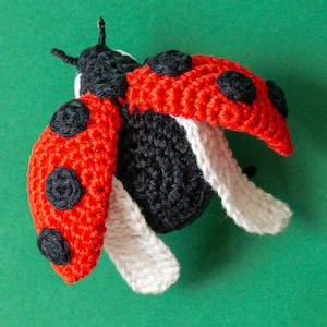 Puede incluir: Una mariquita hecha a mano con ganchillo, con alas rojas, lunares negros y cuerpo negro. La mariquita tiene detalles blancos y peque&ntilde;as antenas. El art&iacute;culo artesanal est&aacute; sobre un fondo verde.