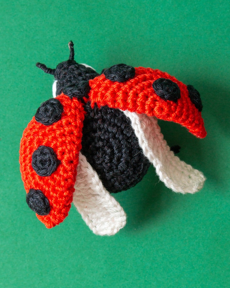Puede incluir: Una mariquita hecha a mano con ganchillo, con alas rojas, lunares negros y cuerpo negro. La mariquita tiene detalles blancos y peque&ntilde;as antenas. El art&iacute;culo artesanal est&aacute; sobre un fondo verde.