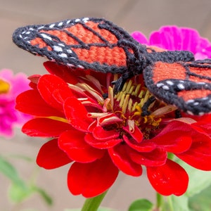 May include: A red zinnia flower with a crocheted butterfly perched on top. The butterfly has black wings with orange and white accents.