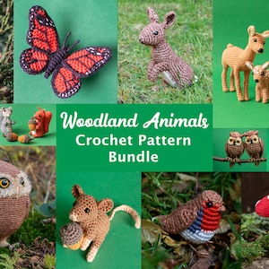 Woodland Animals Crochet Pattern Bundle - Includes  Deer, robin, butterfly, mouse, fox, rabbit, wren, owls, toadstools and squirrels