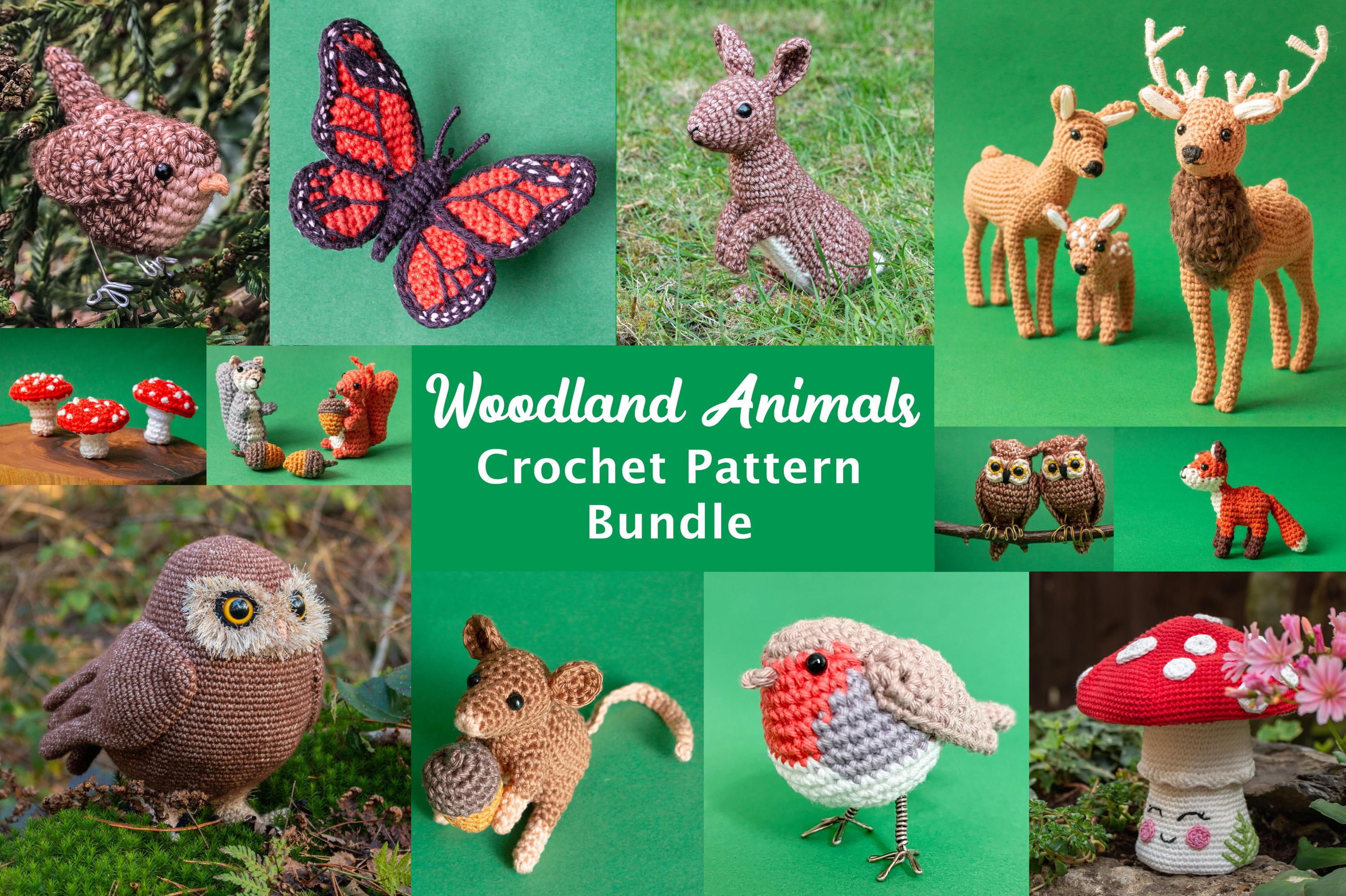 Woodland Animals Crochet Pattern Bundle - Includes  Deer, robin, butterfly, mouse, fox, rabbit, wren, owls, toadstools and squirrels