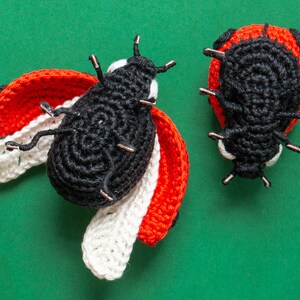 Puede incluir: Dos mariquitas hechas a mano con ganchillo sobre un fondo verde. Una mariquita tiene las alas abiertas con detalles rojos y blancos. La otra mariquita est&aacute; cerrada. Ambas mariquitas son negras con detalles rojos y tienen antenas de alambre.