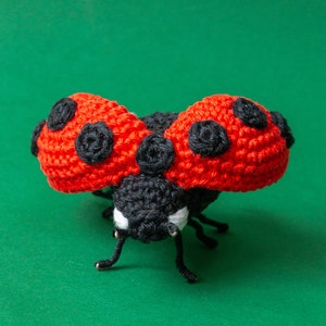 Puede incluir: Una mariquita hecha a mano con ganchillo, con un cuerpo rojo brillante y lunares negros. La cabeza y las patas son negras, con detalles blancos en la cara. Las alas est&aacute;n abiertas, sobre un fondo verde.