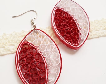 Oval Two-Tone Red White Quilled Earrings