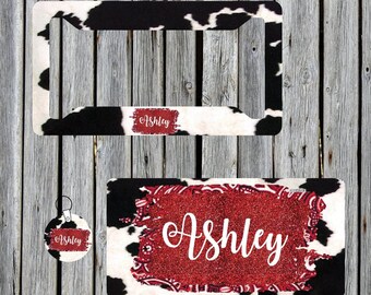 Cow Print Monogram License Plate, Personalized License Plate, License Plate Frame, Custom Tag Women, Cow Print Bandana Monogram CarTag, 105