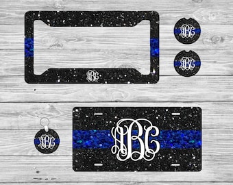Glitter Thin Blue Line Monogram License Plate, Personalized Car Tag