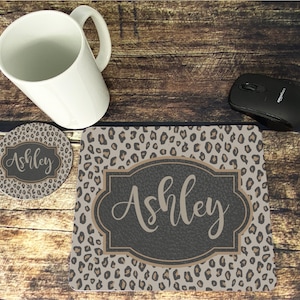 Personalized Mouse Pad And Coaster Set, Leopard Print Mouse Pad And Coaster Set, Desk Set, Desk Decoration, Teacher Gift, mp57