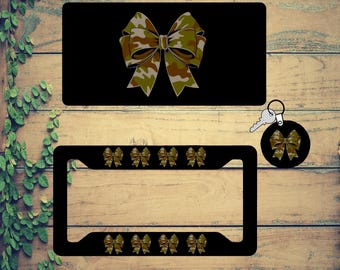 Old school Camo bow car tag, personalized license plate, Camo Coquette Bow car frame, hunting gifts for her, Camo bow car front plate CC3