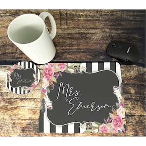 Personalized Teacher Mouse Pad And Coaster Set, Floral Mouse Pad And Coaster Set, Desk Set, Desk Decoration, Teacher Gift, mp351