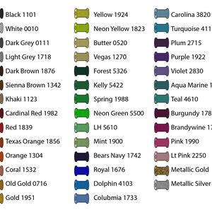 May include: A chart of 30 different colored spools of thread with their corresponding color names and numbers. The spools are arranged in three columns.