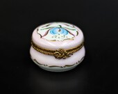 Antique Round French Limoges Porcelain La Seynie Stamped trinket box marked Peint Main (hand painted)