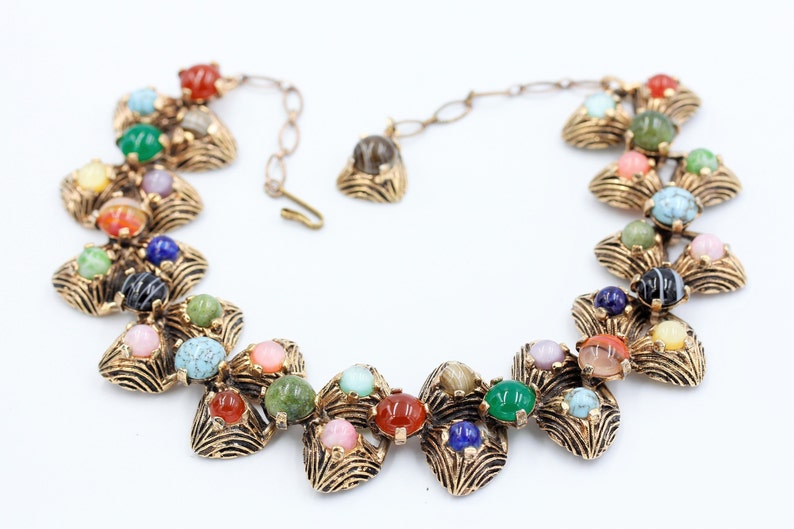 Beautiful Vintage 1950s Gilt Pewter Short Chunky Colourful Glass Agate MIRACLE Choker with extension chain