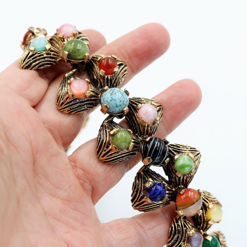 Beautiful Vintage 1950s Gilt Pewter Short Chunky Colourful Glass Agate MIRACLE Choker with extension chain