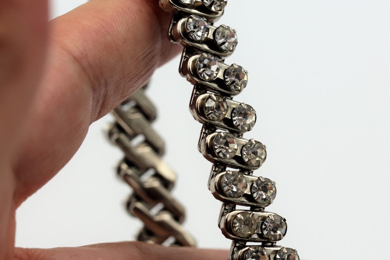Vintage Expandable Stretch Articulated zigzag mechanism Rhinestone Diamante Bracelet Two rows