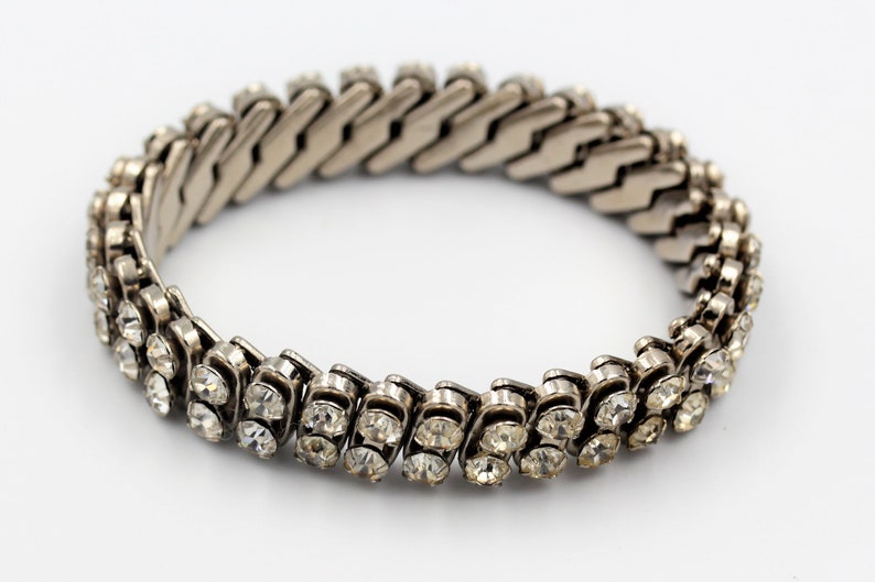 Vintage Expandable Stretch Articulated zigzag mechanism Rhinestone Diamante Bracelet Two rows