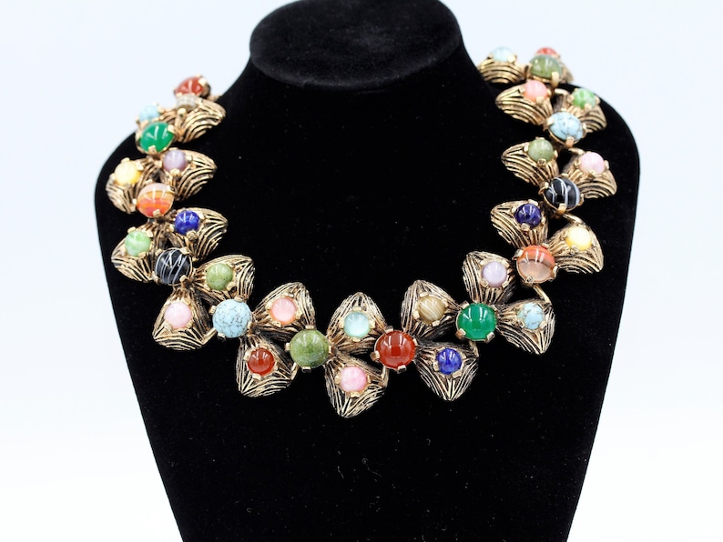 Beautiful Vintage 1950s Gilt Pewter Short Chunky Colourful Glass Agate MIRACLE Choker with extension chain