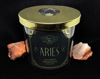 ARIES Soy Candle 10oz. Glass Jar / Zodiac Gift / Carnelian Crystal Healing Birthstone