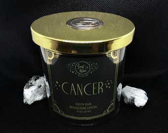 CANCER Soy Candle 10oz. Glass Jar / Zodiac Gift / Moonstone Crystal Healing Birthstone