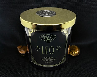 LEO Soy Candle 10oz. Glass Jar / Zodiac Gift / Tiger's Eye Crystal Healing Birthstone