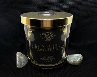 AQUARIUS Soy Candle 10oz. Glass Jar / Zodiac Gift / Labradorite Crystal Healing Stone