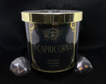 CAPRICORN Soy Candle 10oz. Glass Jar / Zodiac Gift / Onyx Crystal Healing Stone