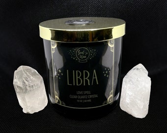 LIBRA Soy Candle 10oz. Glass Jar / Zodiac Gift / Clear Quartz Crystal Healing Birthstone
