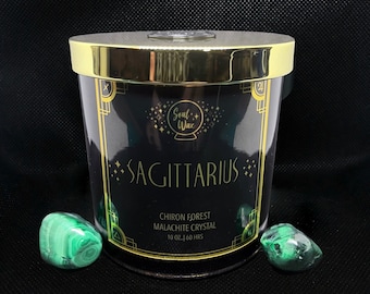 SAGITTARIUS Soy Candle 10oz. Glass Jar / Zodiac Gift / Malachite Crystal Healing Stone