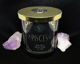 PISCES Soy Candle 10oz. Glass Jar / Zodiac Gift / Amethyst Crystal Healing Birthstone