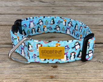 Winter Penguins Dog Collar, Personalized Dog Collar, Water Resistant, stainless Steel D Ring, Vegan, Personalized