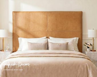Mid Century Modern Leather Headboard King, Wall Mounted Brown Leather Headboard, Moroccan Leather Cushion, Minimalist Boho Bedroom Decor