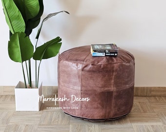 ROUND LEATHER POUF -Brown Leather Pouf Ottoman – Moroccan Style Floor Cushion – Handmade Genuine Leather Footstool – Boho Coffee Table Pouf