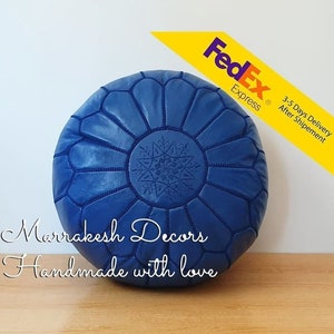 Blue Handmade Moroccan leather Pouf Ottoman, Luxury Pouf, handmade Moroccan leather pouf, pouf ottoman, Genuine leather , pouffe ottoman