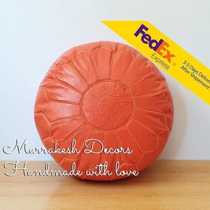Orange Handmade Moroccan leather Pouf Ottoman, Luxury Pouf, handmade Moroccan leather pouf, pouf ottoman, Genuine leather , pouffe ottoman