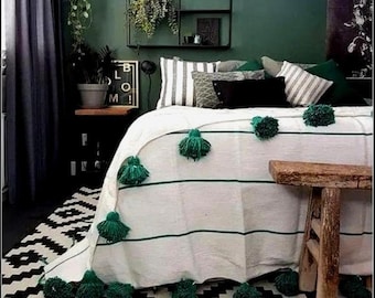 Moroccan PomPom Throw Blanket-Soft Cozy Cotton Moroccan Pom Pom Blanket,King size blanket,White/Green throw blanket,moroccan cotton bedding