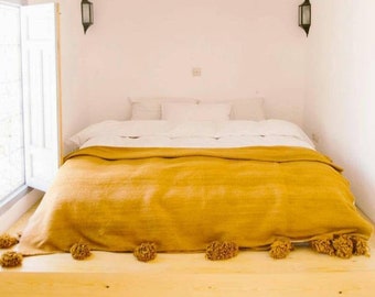 Moroccan Pom Pom Throw Blanket - Soft & Cozy Cotton Moroccan Pom Pom Blanket , King size blanket,yellow mustard Blanket, personalized gifts