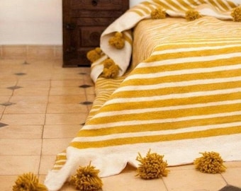 Moroccan Pom Pom Throw Blanket - Soft & Cozy Cotton Moroccan Pom Pom Blanket , King size blanket , Yellow stripes , moroccan blankets