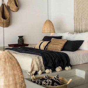 marokkanische Decke, Baumwolle marokkanische Bommel-Decke,Schlafzimmer Decke, marokkanische Bommel-Decke Schwarz mit weissen Pompoms, Wohnkultur,Boho