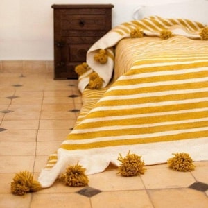 Moroccan Pom Pom Throw Blanket - Soft & Cozy Cotton Moroccan Pom Pom Blanket , King size blanket , Yellow stripes , moroccan blankets