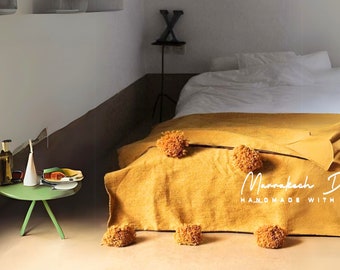 Mustard Moroccan Pom Pom Throw Blanket - Soft & Cozy Cotton Moroccan Pom Pom Blanket , throw blanket ,King size blanket , moroccan blankets