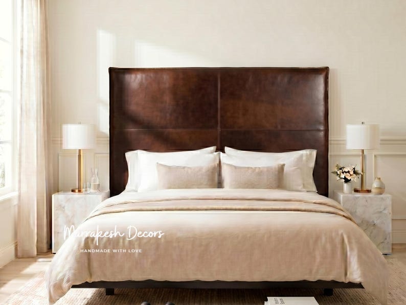 Mid Century Modern Leather Headboard, Brown Leather Wall Mount Headboard for King Bed, Minimalist Bedroom Decor, Moroccan Leather Craft