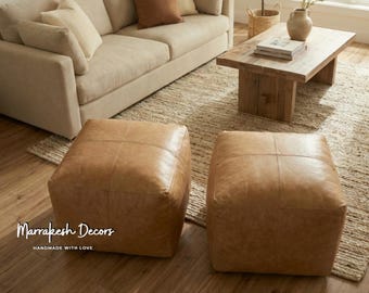 Square Tan Leather Pouf Ottoman – Handmade Moroccan Leather Footstool, Modern Floor Cushion, Boho Living Room Decor