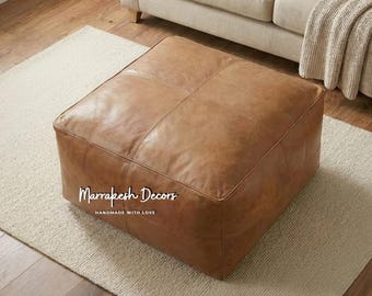 Tan Leather Coffee Table Pouf – Square Ottoman, Handmade Moroccan Leather Footstool, Extra Seating - Square Coffee Table Ottoman