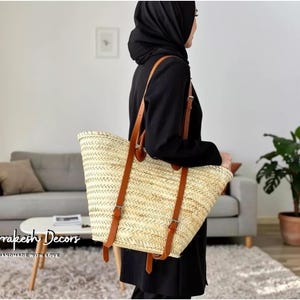 Moroccan Straw baskets Backpack with leather handles - French Basket - Moroccan Basket - straw french market basket - Beach Bag straw bag