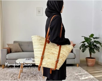 Moroccan Straw baskets Backpack with leather handles - French Basket - Moroccan Basket - straw french market basket - Beach Bag straw bag