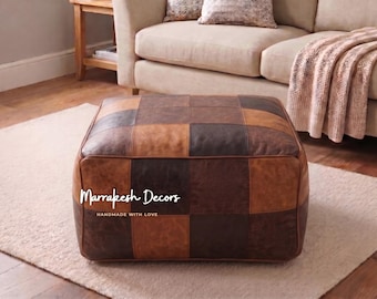 Handgemaakte leren poef met patchwork, vierkante en ronde poef, boho chic vloerkussen, bruine en zwarte Marokkaanse voetensteun, rustiek woondecoratiecadeau